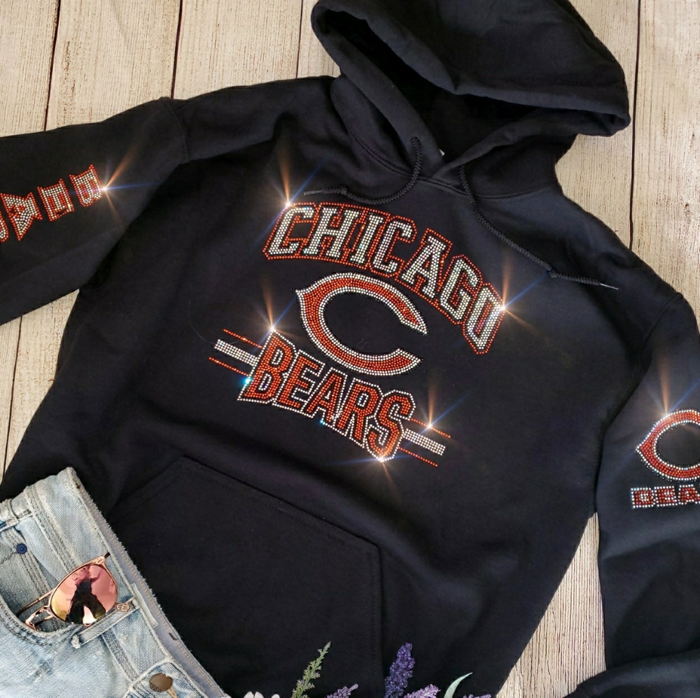 New Chicago Bears Unisex Rhinestone Hoodie Black Sm-XL - Picture 2 of 4